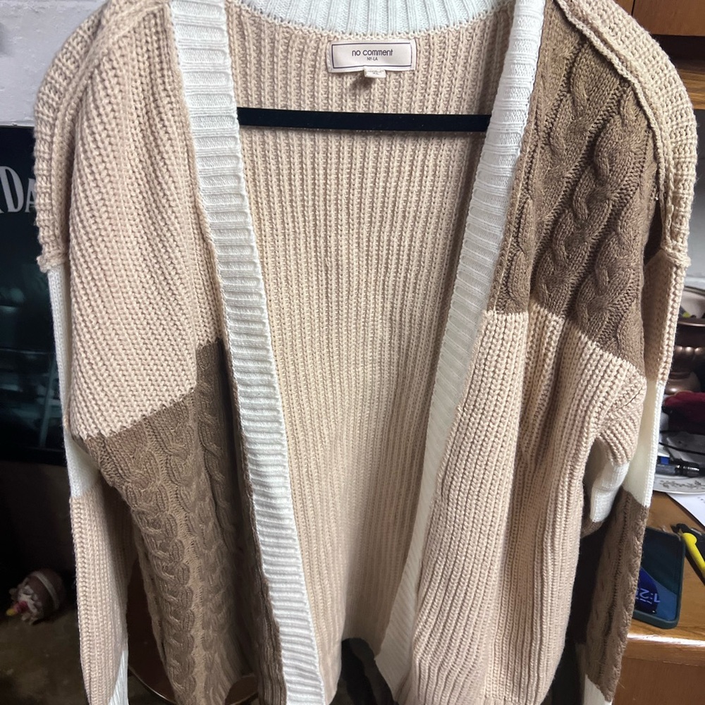 Cream & Brown Colorblock Cable Knit Women's Cardigan